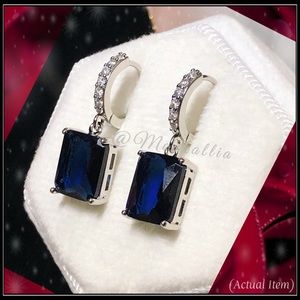 New White Gold Sim Diamond & Blue Sapphire Emerald Cut Square Drop Earrings